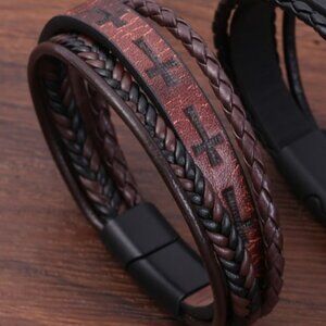 3/$35 Men's Brown Leather Cross Bracelet Magnetic Clasp